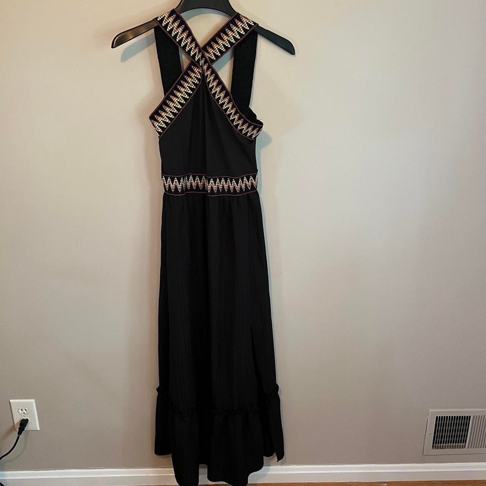 Black Boho Maxi Dress Tiered Multicolor zigzag trim, size M